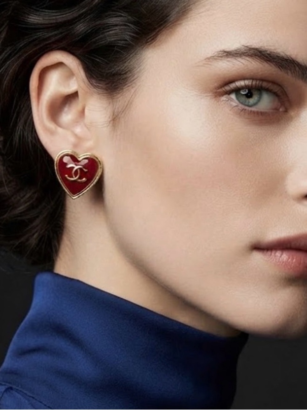 CHANEL Red Heart Stud Earrings